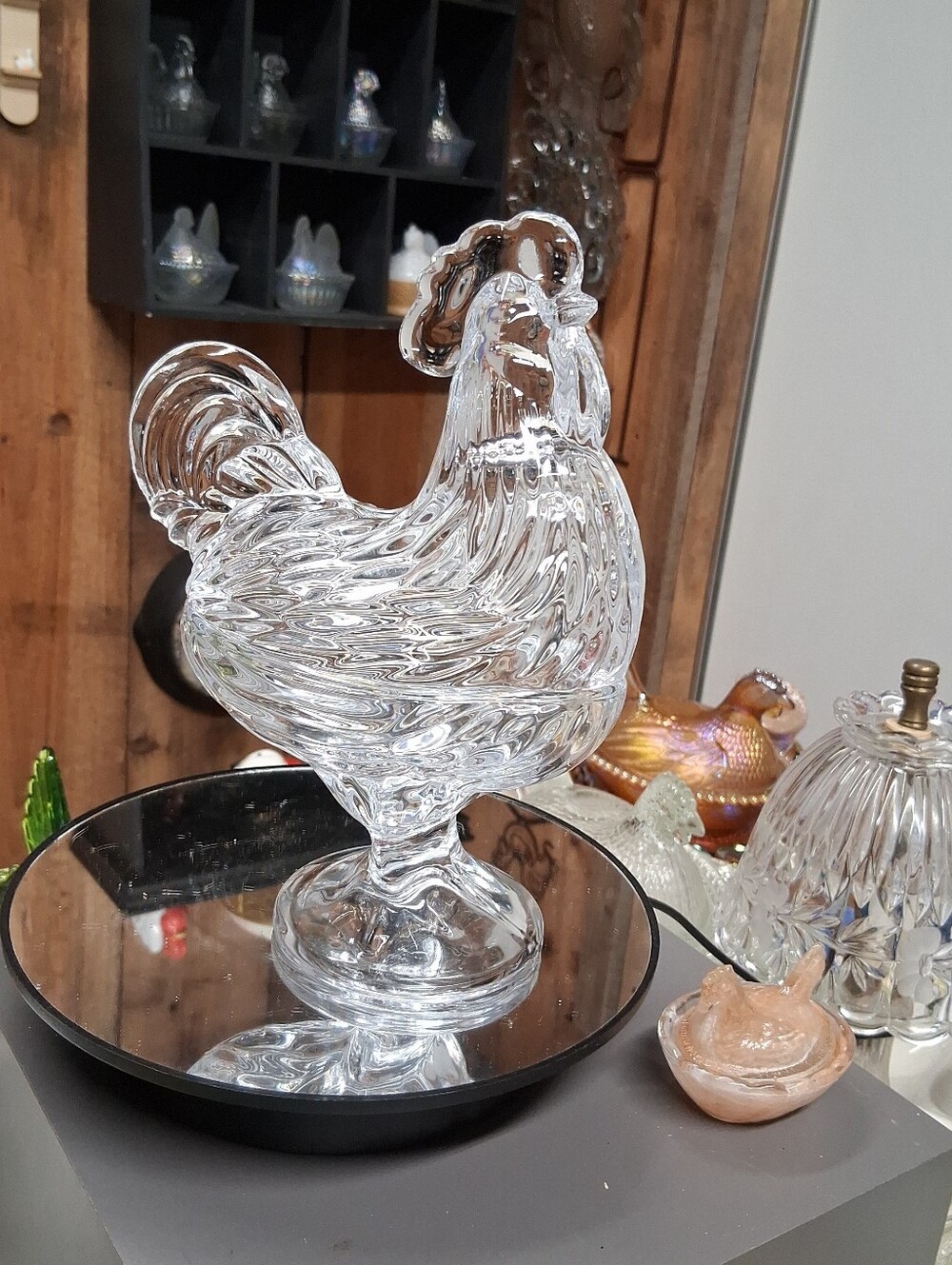 Brilliant Clear Glass Rooster Figurine Standing Rooster Hen On Nest